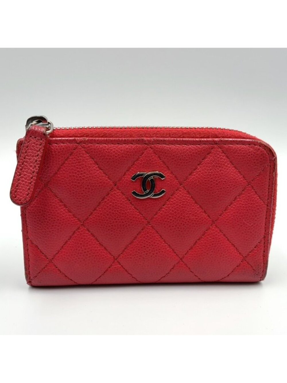 Chanel Quilted Zip Coin Purse Caviar Leather Red Mini Wallet Silver
